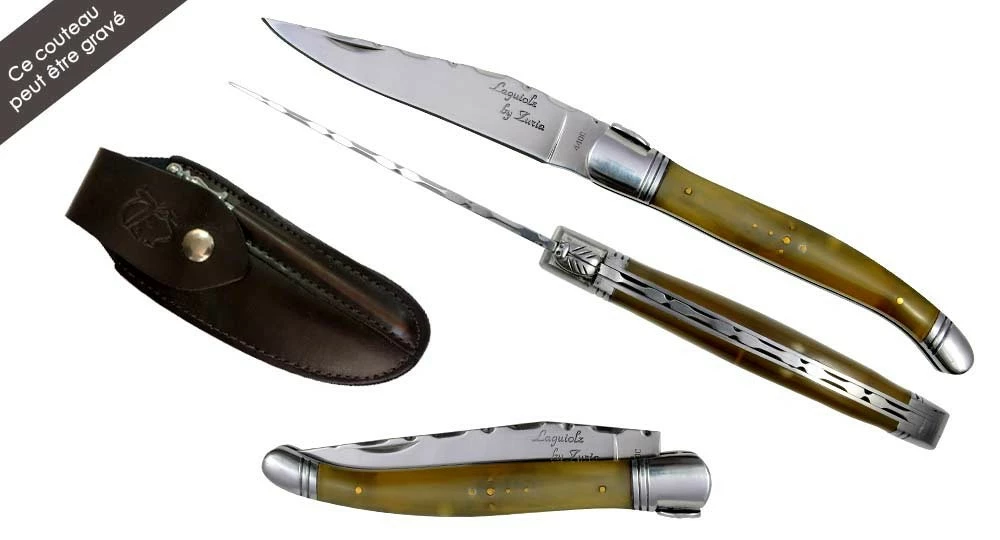 Couteau Laguiole En Bélier + Etui Cuir + Aiguiseur 3 Couteau Laguiole En Bélier + Etui Cuir + Aiguiseur